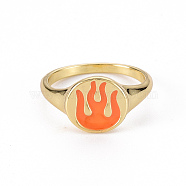 Alloy Enamel Wide Band Rings, Cadmium Free & Lead Free, Light Gold, Oval with Flame, Coral, US Size 6 3/4(17.1mm)(RJEW-N034-002G-RS)