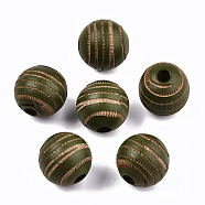 Painted Natural Wood Beads, Laser Engraved Pattern, Round with Zebra-Stripe, Dark Olive Green, 15.5~16.5x15mm, Hole: 4mm(WOOD-T021-54B-04)