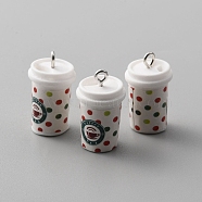 Christmas Opaque Resin Pendants, Coffee Cup Charms, with Platinum Tone Iron Loops, White, Candy Pattern, 24.5x14mm, Hole: 2mm(RESI-CJC0011-31D)