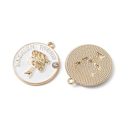 Alloy Rhinestone Pendants, with Enamel, Flat Round with Women Charms, White, 26x23.5x3mm, Hole: 1.8mm(ENAM-P246-04G-01)