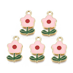 Eco-Friendly Zinc Alloy  Pendants, with Enamel, Flower, Cadmium Free & Nickel Free & Lead Free, Golden, Pink, 19.5x11x2.5mm, Hole: 2mm(ENAM-R051-12-03G-NR)