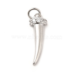 Rack Plating Brass Micro Pave Cubic Zirconia Pendants, Horn Tusk Charm, Long-Lasting Plated, with Jump Rings, Cadmium Free & Lead Free, Real Platinum Plated, 19.5x6.5x3.5mm, Hole: 3mm(KK-K270-12P)
