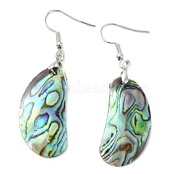 Natural Paua Shell Bean Dangle Earrings with Brass Earring Pins, Platinum, 56x16.5mm(EJEW-E289-02P)