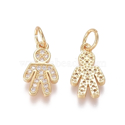 Brass Micro Pave Clear Cubic Zirconia Charms, with Jump Rings, Boy, Golden, 13.5x8x1.5mm, Jump Ring: 5x0.7mm, Inner Diameter: 3.6mm(ZIRC-I036-05G)