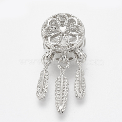 Alloy European Dangle Charms, Large Hole Pendants, Hollow, Flat Round and Feather, Platinum, 27.5mm, Hole: 5mm(MPDL-Q209-061P)