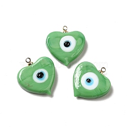 Handmade Lampwork Pendants, with Real 18K Gold Plated Plated Brass Finding, Cadmium Free & Lead Free, Heart with Evil Eye, Light Green, 19.5x18.2x5mm, Hole: 1.4mm(LAMP-E030-01G-06)