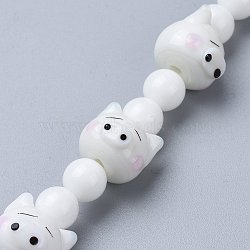 Handmade Lampwork Beads Strands, Famille Rose Lampwork, Chinese Zodiac, White, Pig, Pig: 13x13.5x15mm, Hole: 1.8mm, about 15pcs/Strand, 15.16 inch(38.5cm)(PORC-K002-02D)
