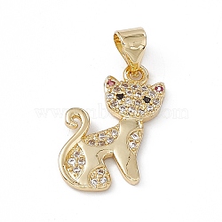 Rack Plating Brass Micro Pave Cubic Zirconia Pendants, Cadmium Free & Lead Free, Long-Lasting Plated, Cat Charm, Real 18K Gold Plated, Clear, 19x12x2mm, Hole: 3.5x5mm(KK-G451-18G-02)