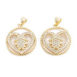 Brass Micro Pave Clear Cubic Zirconia Pendants, Long-Lasting Plated, Flat Round with Heart & Girl, Real 18K Gold Plated, 22.5x20x3mm, Hole: 5x3.5mm(ZIRC-M115-14G)