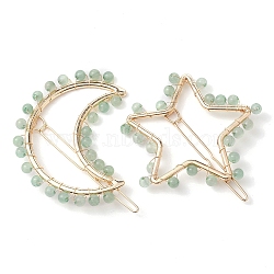 2Pcs Moon & Star Alloy with Natural Green Aventurine Hollow Hair Barrettes, Ponytail Holder Statement for Girls Women, Moon: 61x66x4~5mm, Star: 52.5~54x60x4~4.5mm(PHAR-JH00105-05)