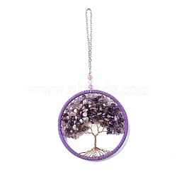 Wire Wrapped Chips Natural Amethyst Big Pendant Decorations, with Iron Chains and Imitation Leather Rope, Flat Round with Tree of Life, 245mm(HJEW-A005-03)