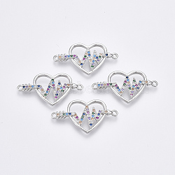 Brass Micro Pave Cubic Zirconia Links connectors, Heart with Heartbeat & Arrow, Colorful, Platinum, 15x28.5x2.5mm, Hole: 1.2mm(ZIRC-T005-039P)