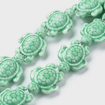 Handmade Porcelain Beads Strands, Tortoise, Bright Glazed Porcelain, Turquoise, 19x15x8mm, Hole: 1.8mm, about 22pcs/strand, 15.7 inch(40cm)
