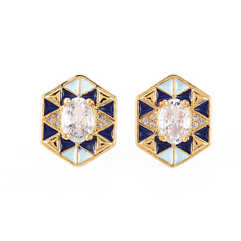 Brass Micro Pave Clear Cubic Zirconia Stud Earrings, with Enamel and Ear Nuts, Hexagon, Cadmium Free & Nickel Free & Lead Free, Real 16K Gold Plated, Light Blue, 15x12mm, Pin: 0.8mm