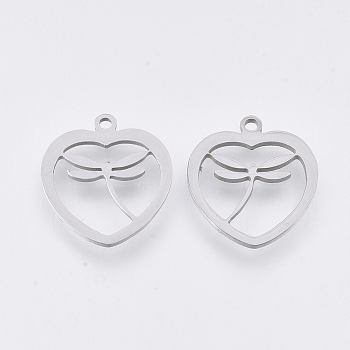 201 Stainless Steel Pendants, Laser Cut Pendants, Heart with Dragonfly, Stainless Steel Color, 17.5x15.5x1mm, Hole: 1.4mm