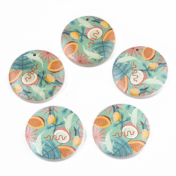 Fruit Seris Printed Wood Pendants, Flat Round with Papaya Pattern, Medium Aquamarine, 50x5mm, Hole: 1.6mm