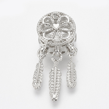 Alloy European Dangle Charms, Large Hole Pendants, Hollow, Flat Round and Feather, Platinum, 27.5mm, Hole: 5mm