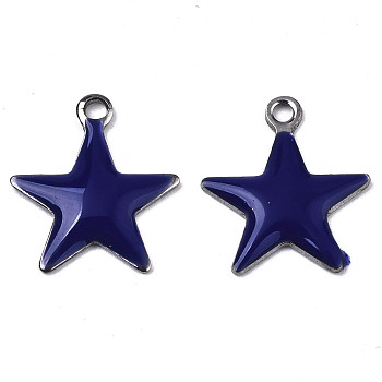 201 Stainless Steel Enamel Charms, Star, Stainless Steel Color, Midnight Blue, 14.5x12.5x2mm, Hole: 1.5mm