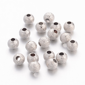 Brass Textured Beads, Round, Nickel Color, Size: about 4mm in diameter, hole: 1mm