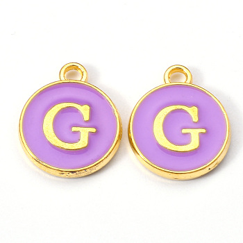 Golden Plated Alloy Enamel Charms, Enamelled Sequins, Flat Round with Letter, Medium Purple, Letter.G, 14x12x2mm, Hole: 1.5mm