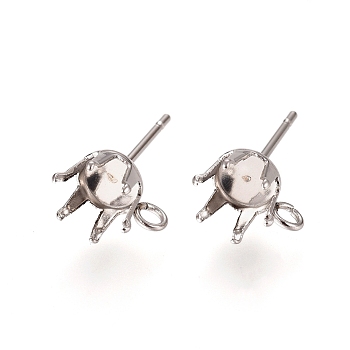 304 Stainless Steel Post Stud Earring Settings, Prong Earring Setting, with Loop, Stainless Steel Color, 16x9mm, Hole: 1.7mm, Pin: 0.7mm, Tray: 7mm