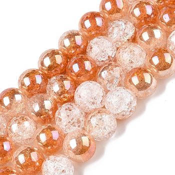 Electroplated Crackle Glass Beads Strands, Half Plated, Round, Coral, 10~10.5mm, Hole: 1.2mm, about 41~42pcs/strand, 14.76~14.96 inch(37.5~38cm)