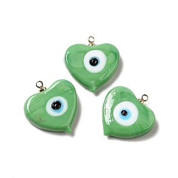 Handmade Lampwork Pendants, with Real 18K Gold Plated Plated Brass Finding, Cadmium Free & Lead Free, Heart with Evil Eye, Light Green, 19.5x18.2x5mm, Hole: 1.4mm