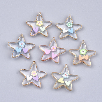Epoxy Resin Pendants, with Brass Findings and Polymer Clay, Star, Light Gold, 23x22x3~4mm, Hole: 1.2mm