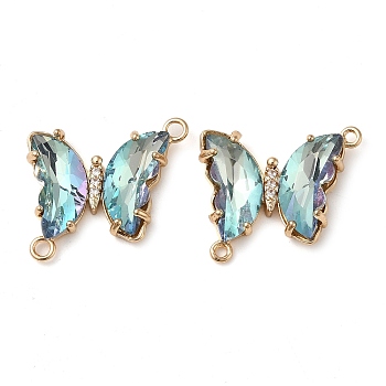 Brass Pave Faceted Glass Connector Charms, Golden Tone Butterfly Links, Pale Turquoise, 20x22x5mm, Hole: 1.2mm