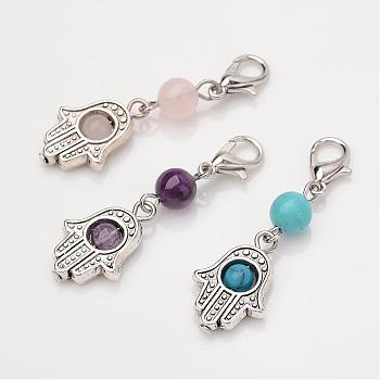 Tibetan Style Alloy Pendants, with Natural & Synthetic Mixed Stone Beads and Lobster Claw Clasps, Hamsa Hand/Hand of Fatima/Hand of Miriam, 40mm