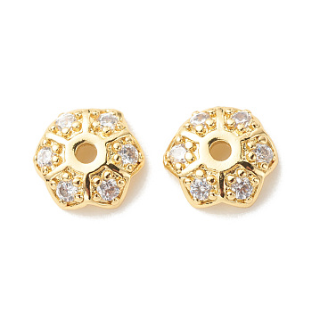 Brass Micro Pave Clear Cubic Zirconia Bead Caps, Cadmium Free & Lead Free, 6-Petal Flower, Golden, 7x8x2.5mm, Hole: 1.4mm