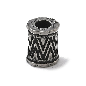 304 Stainless Steel European Beads, Large Hole Beads, Cylinder with Chevron Pattern, Antique Silver, 10.5x8x8mm, Hole: 4mm