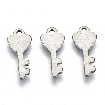 201 Stainless Steel Charms, Laser Cut, Key, Stainless Steel Color, 13.5x6x0.8mm, Hole: 1.2mm
