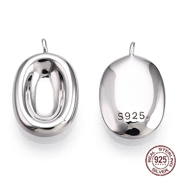 Rhodium Plated 925 Sterling Silver Charms, Oval Charms, Nickel Free, with S925 Stamp, Real Platinum Plated, 14x9x2.5mm, Hole: 1mm