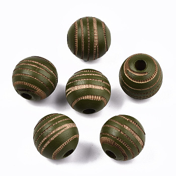 Painted Natural Wood Beads, Laser Engraved Pattern, Round with Zebra-Stripe, Dark Olive Green, 15.5~16.5x15mm, Hole: 4mm