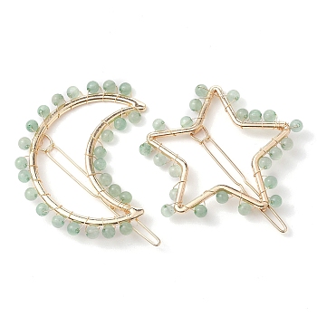2Pcs Moon & Star Alloy with Natural Green Aventurine Hollow Hair Barrettes, Ponytail Holder Statement for Girls Women, Moon: 61x66x4~5mm, Star: 52.5~54x60x4~4.5mm