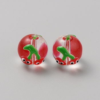 Transparent Glass Beads, Hand Painted Beads, Fruit, Cherry, 13x13x12mm, Hole: 1.8mm