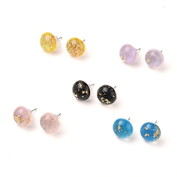 Half Round Resin Stud Earring, with Glitter Powder, Gold Foil, 304 Stainless Steel Pins and Plastic Ear Nuts, Mixed Color, 12x5.5mm, Pin: 0.6mm