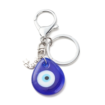 Alloy Keychains, with Tibetan Style Alloy Pendants and Handmade Lampwork Pendants, Teardrop with Evil Eye & Moon with Star, Antique Silver & Platinum, 9.2cm