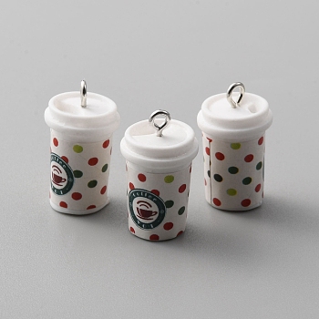 Christmas Opaque Resin Pendants, Coffee Cup Charms, with Platinum Tone Iron Loops, White, Candy Pattern, 24.5x14mm, Hole: 2mm