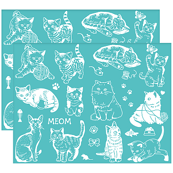 Self-Adhesive Silk Screen Printing Stencil, for Painting on Wood, DIY Decoration T-Shirt Fabric, Turquoise, Cat Pattern, 220x280mm