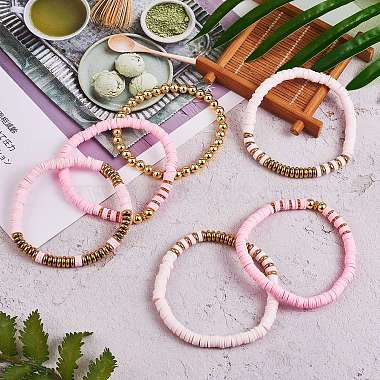 Synthetic Hematite & Polymer Clay Heishi Beads Stretch Bracelets Set(BJEW-PH01487-01)-4