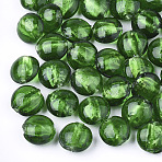 Handmade Silver Foil Lampwork Glass Beads, Flat Round, Green, 12~13.5x11.5~13.5x7.5~8.5mm, Hole: 1~2mm(SLF12MMY-1H)