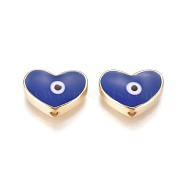 Golden Tone Brass Beads, with Enamel, Heart with Evil Eye, Midnight Blue, 11x15x4.5mm, Hole: 1.6mm(ENAM-L025-B-03)