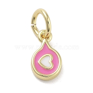 Rack Plating Brass Enamel Charms, with Jump Ring, Long-Lasting Plated, Cadmium Free & Lead Free, Flat Round with Heart, Real 18K Gold Plated, Pearl Pink, 8.5x5x1.5mm, Hole: 3mm(KK-M293-40G-03)