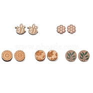 Natural Wood Stud Earrings, with Stainless Steel Stud Earring Findings and Ear Nuts, Flat Round with Pattern, Bisque, 12~17x4mm, Pin: 0.6~0.7mm, 5 patterns, 1pair/pattern, 5pairs/box(EJEW-SC0001-22P)