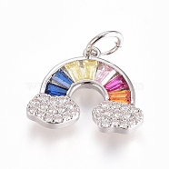 Brass Micro Pave Cubic Zirconia Pendants, with Jump Ring, Long-Lasting Plated, Rainbow, Colorful, Real Platinum Plated, 11.5x14x2mm, Hole: 3.5mm(ZIRC-G166-26P)