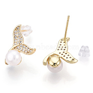 Brass Rhinestone Whale Tail & Natural Pearl Stud Earrings, with 925 Sterling Silver Pins, Real 18K Gold Plated, 15.5x11.5mm, Pin: 0.8mm(PEAR-N020-05I)