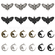 20Pcs 5 Style Alloy Pendants Sets, Moth & Moon with Skull, Mixed Color, 26~27x23.5~43x1.5~4mm, Hole: 1.6~2.3mm, 4pcs/style(FIND-CA0007-76)