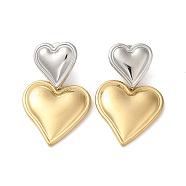 304 Stainless Steel Dangle Stud Earrings, Heart, Real Gold Plated & Stainless Steel Color, 33x20mm(X-EJEW-Z026-03)